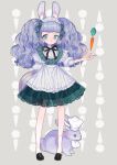  1girl animal_ears apron aqua_eyes big_hair black_footwear black_ribbon carrot dress frilled_apron frills full_body l_hakase long_hair maid maid_headdress original purple_hair rabbit_ears ribbon shoes signature solo standing tray 