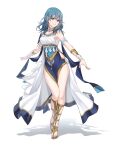  1girl armlet bangs bare_arms bare_shoulders blue_eyes blue_hair blue_nails bracelet breasts byleth_(fire_emblem) byleth_eisner_(female) byleth_eisner_(female) commentary dancer dress fire_emblem fire_emblem:_three_houses fire_emblem:_three_houses fire_emblem_16 head_tilt highres intelligent_systems jewelry long_hair looking_at_viewer medium_breasts moja_(moquackja) nintendo shadow simple_background smile solo thighs toenail_polish white_background white_dress 