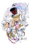  1boy araki_hirohiko_(style) argyle battle_tendency belt bird blonde_hair bow bowtie bubble caesar_anthonio_zeppeli closed_mouth commentary cropped_torso dove eyebrows_behind_hair fabulous facial_mark hair_between_eyes hair_ornament hat jojo_no_kimyou_na_bouken jojo_pose lapel layered_clothing light_smile long_sleeves looking_at_viewer male_focus multicolored_shirt ok_sign one_eye_closed parody pink_neckwear pose sashiyu shirt short_hair signature simple_background solo sound_effects sparkle striped striped_shirt style_parody symbol_commentary top_hat triangle_print upper_body watch watch white_background 