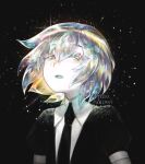  1other androgynous artist_name bangs black_background black_neckwear colored_skin crystal_hair diamond_(houseki_no_kuni) eyebrows_visible_through_hair eyes_visible_through_hair gem_uniform_(houseki_no_kuni) hair_between_eyes highres houseki_no_kuni looking_at_viewer multicolored multicolored_eyes multicolored_hair necktie open_mouth puffy_short_sleeves puffy_sleeves rainbow_eyes rainbow_hair short_hair short_sleeves simple_background solo sparkle terupancake twitter_username upper_body white_skin 