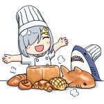  1girl 3toshinhmkz bread chef_hat chef_uniform closed_eyes commentary_request food hair_ornament hair_over_one_eye hairclip hamakaze_(kantai_collection) hat kantai_collection outstretched_arms shark short_hair silver_hair simple_background toque_blanche upper_body white_background 