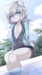  1girl animal_ears arms_behind_back artist_name bangs bear_ears bear_girl bear_tail blue_eyes blue_sky blush breasts closed_mouth clouds collarbone commentary commission day english_commentary eyebrows_visible_through_hair furry grey_hair happy highres legs_together light_blush long_hair looking_at_viewer open_clothes original outdoors pool rash_guard ryuusui_arumo shiny shiny_clothes shiny_hair shiny_skin signature sky small_breasts smile soaking_feet solo swimsuit tail thighs tree water wet 