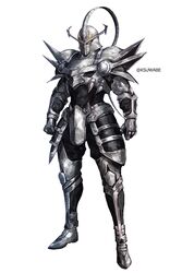  1boy armor black_bodysuit bodysuit breastplate clenched_hands commentary_request dragon_quest dragon_quest_dai_no_daibouken full_armor full_body gauntlets greaves helm helmet hyunkel k-suwabe looking_at_viewer male_focus shoulder_armor shoulder_spikes simple_background solo spikes standing twitter_username white_background 