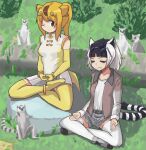  2girls animal_ears anklet bare_shoulders belt black_hair blonde_hair bracelet brown_hair brown_jacket circlet collarbone commentary_request cutoffs denim denim_shorts drooling elbow_gloves eyewear_on_head gloves golden_snub-nosed_monkey_(kemono_friends) half-closed_eyes hane_(kirschbaum) highres jacket jewelry kemono_friends lemur lemur_ears lemur_girl lemur_tail long_sleeves lotus_position meditation monkey_ears monkey_girl monkey_tail multicolored_hair multiple_girls one_eye_closed pleated_skirt ponytail ring-tailed_lemur_(kemono_friends) shirt short_hair short_shorts shorts sitting skirt sleeveless tail thigh-highs two-tone_hair two-tone_jacket two-tone_shirt white_hair white_jacket white_legwear white_shirt white_skirt yellow_gloves yellow_legwear yellow_shirt zettai_ryouiki 