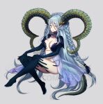  1girl blue_legwear blush braid breasts closed_eyes closed_mouth commentary commission curled_horns english_commentary fate/grand_order fate_(series) grey_background grey_hair hair_between_eyes horns invisible_chair large_breasts long_hair long_horns shrug_(clothing) simple_background sitting smile solo terupancake thigh-highs tiamat_(fate/grand_order) twitter_username very_long_hair watermark 