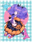  1girl bangs bat_hair_ornament crop_top hair_ornament halloween jack-o&#039;-lantern l_hakase long_hair midriff open_mouth orange_legwear original print_skirt puffy_short_sleeves puffy_sleeves purple_hair purple_legwear seiza short_sleeves sitting skirt smile solo spider_web_print striped striped_legwear thigh-highs twintails 