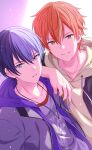  2boys absurdres aoyagi_touya arm_on_shoulder bangs black_jacket blue_eyes blue_hair brown_hoodie collarbone earrings grin hair_between_eyes highres hood hooded_jacket hoodie jacket jewelry long_sleeves looking_at_viewer male_focus mole mole_under_eye multiple_boys necklace open_clothes orange_hair project_sekai purple_jacket sekina shinonome_akito shirt short_hair simple_background smile teeth upper_body yellow_eyes zipper 