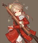  &gt;_&lt; 1girl 3: blush brown_hair character_request chibi closed_eyes closed_mouth coat commentary cowboy_shot dot_nose english_commentary flying_sweatdrops girls_frontline glint grey_background gun hair_bun holding holding_gun holding_weapon long_sleeves red_coat rifle simple_background solo sparkle standing terupancake wavy_mouth weapon 