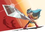  1girl absurdres angry beret black_legwear blue_hair boots clenched_teeth fighting_stance grey_eyes hasp hat highres hilda_(hilda) hilda_(series) long_hair looking_at_another pullover red_footwear scarf skirt sunrise_stance sword teeth weapon 