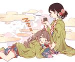  2girls black_hair blowing brown_hair flower hair_flower hair_ornament long_sleeves lying multiple_girls open_mouth original pink_flower red_eyes red_flower shio_(s_alt_shio) sitting sleeping 