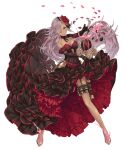  1girl blue_eyes breasts cinderella_(sinoalice) dark_skin dress elbow_gloves flower frills full_body garter_straps glass_slipper gloves hair_flower hair_ornament hair_over_one_eye holster ji_no large_breasts long_hair looking_at_viewer official_art petals purple_hair sinoalice solo thigh_holster thigh_strap transparent_background very_long_hair 