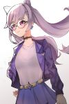  1girl absurdres alternate_costume blush breasts casual choker double_bun earrings genshin_impact glasses hair_bun highres jacket jewelry keqing_(genshin_impact) open_clothes open_jacket purple_hair purple_jacket purple_shirt purple_skirt see-through shirt simple_background skirt smile solo twintails violet_eyes white_background wokiiarts 