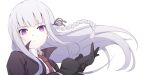  1girl adjusting_clothes adjusting_gloves bangs black_gloves blurry braid check_commentary commentary_request dangan_ronpa:_trigger_happy_havoc dangan_ronpa_(series) dot_nose empty_eyes gloves gyorui_(katsuwo_drawing) hair_ribbon highres jacket kirigiri_kyouko light_purple_hair long_hair looking_at_viewer necktie purple_jacket purple_ribbon red_neckwear ribbon shirt side_braid sidelocks simple_background solo upper_body violet_eyes white_background white_shirt 