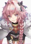  1boy armor astolfo_(fate) bent_over black_bow black_legwear black_ribbon black_skirt bow braid cloak fang fate/apocrypha fate_(series) fur-trimmed_cloak fur_collar fur_trim gorget hair_bow hair_intakes hair_ribbon hands_on_own_thighs highres long_braid long_hair looking_at_viewer male_focus multicolored_hair panties pantyshot pink_hair ribbon simple_background single_braid skin_fang skirt smile smug solo streaked_hair underwear violet_eyes white_background white_cloak white_hair yoshio_(55level) 