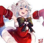 1girl blue_eyes bow commentary dress elbow_gloves english_commentary gawr_gura gloves highres hololive hololive_english looking_at_viewer multicolored_hair one_eye_closed open_mouth oversized_clothes reaching_out red_dress santa_costume simple_background sleeves_past_fingers sleeves_past_wrists solo streaked_hair virtual_youtuber white_background white_hair yun_fuyu 
