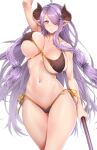  1girl bangs bikini braid breasts closed_mouth collarbone commentary draph granblue_fantasy hair_over_one_eye highleg highleg_bikini holding horns large_breasts lips long_hair looking_at_viewer narmaya_(granblue_fantasy) navel pointy_ears polearm purple_hair shiny shiny_hair shiny_skin side-tie_bikini simple_background smile solo stomach swimsuit thighs tied_hair weapon white_background zucchini 