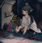  1boy animal_ears barefoot black_hair can cat_boy cat_ears cigarette dirty green_eyes highres long_sleeves luoxiaohei newspaper shio_(s_alt_shio) short_hair smoke solo the_legend_of_luo_xiaohei 
