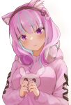  1girl absurdres animal_ear_fluff animal_ears aqua_hair bangs black_hairband blunt_bangs blush cat_ears commentary_request eyebrows_visible_through_hair hair_ornament hairband headphones headphones_around_neck highres hitsujisnow hololive long_sleeves looking_at_viewer minato_aqua multicolored_hair pajamas pink_hair pink_pajamas short_hair simple_background solo two-tone_hair violet_eyes virtual_youtuber white_background 