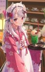  1girl :3 animal_ears blurry blurry_background blush cat_ears colored_tips earrings floral_print food hair_ornament highres hololive horns ice_cream ice_cream_float indoors jewelry long_hair long_sleeves looking_at_viewer maid_headdress nakiri_ayame namaonpa pointy_ears red_eyes redhead silver_hair solo tray virtual_youtuber wa_maid wide_sleeves 