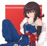  1girl alternate_hairstyle andou_(girls_und_panzer) arm_support bangs black_hair blue_pants breasts brown_eyes china_dress chinese_clothes commentary dark_skin dress floral_print fur_scarf girls_und_panzer_senshadou_daisakusen! hair_tie knee_up leaning_back looking_at_viewer medium_breasts medium_hair messy_hair mouth_hold pants pants_under_dress print_dress red_background red_sash sash sesame_(sesame_mas) short_ponytail sitting sleeveless sleeveless_dress solo 