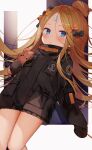  1girl :o abigail_williams_(fate) absurdres bandaid bandaid_on_face bandaid_on_forehead bangs black_jacket blonde_hair blue_eyes blush bomber_jacket bow doll_hug dutch_angle embarrassed fate/grand_order fate_(series) hair_bow hair_bun heroic_spirit_traveling_outfit highres jacket long_hair looking_at_viewer messy_hair multiple_hair_bows parted_bangs sinnop10 sleeves_past_fingers sleeves_past_wrists solo stuffed_animal stuffed_toy surprised teddy_bear very_long_hair 