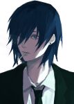  1boy black_neckwear black_suit blue_eyes blue_hair chainsaw_man cigarette earrings formal hair_between_eyes hayakawa_aki_(chainsaw_man) highres jewelry male_focus mouth_hold necktie noroma02 simple_background smoke smoking solo stud_earrings suit upper_body white_background 