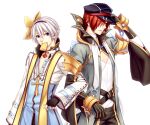 2boys adjusting_clothes adjusting_headwear archbishop_(ragnarok_online) bangs belt black_gloves black_hairband black_headwear black_pants blue_eyes blue_shirt bow bow_hairband butter cabbie_hat chain choker coat commentary cowboy_shot cross cross_necklace eating eyebrows_visible_through_hair eyes_visible_through_hair fingerless_gloves food food_in_mouth gloves grey_coat hair_between_eyes hairband hat high_collar jewelry kiribox locked_arms long_sleeves looking_at_viewer looking_to_the_side male_focus mouth_hold multiple_boys necklace pants parted_lips pointy_ears ragnarok_online red_eyes redhead shirt short_hair simple_background standing toast toast_in_mouth warlock_(ragnarok_online) white_background white_hair white_shirt yellow_bow 
