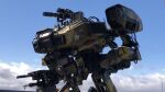  camouflage chappie clouds from_side gatling_gun highres looking_ahead mecha model_kit moose_(chappie) no_humans photo_(medium) science_fiction sky solo turret 