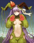  1girl :o bandage_over_one_eye bandaged_head bandages blush breasts clip_studio_paint_(medium) commentary cowboy_shot english_commentary fate/grand_order fate_(series) flower gloves hair_flower hair_ornament hair_ribbon hands_up horns kingprotea large_breasts long_hair looking_at_viewer moss navel one_eye_covered parted_lips paw_gloves paws purple_hair red_flower ribbon solo standing terupancake twitter_username very_long_hair violet_eyes white_ribbon 