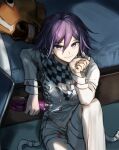  1boy absurdres bangs bed bottle checkered checkered_scarf closed_mouth commentary_request dangan_ronpa_(series) dangan_ronpa_v3:_killing_harmony fanta feet_out_of_frame from_above hair_between_eyes head_rest highres holding holding_bottle horse_head indoors jacket long_sleeves looking_at_viewer male_focus muuyiie ouma_kokichi pants purple_hair scarf short_hair sitting smile soda_bottle solo straitjacket violet_eyes white_jacket white_pants 
