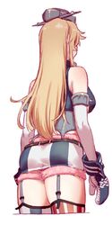  1girl american_flag_legwear blonde_hair breasts commentary_request elbow_gloves from_behind garter_straps gloves headgear iowa_(kantai_collection) kantai_collection large_breasts long_hair shorts shorts_under_skirt simple_background skirt sleeveless solo thigh-highs uyama_hajime white_background 