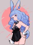  1girl animal_ears black_neckwear blue_eyes breasts bunny_tail circle clothing_request cropped_legs earrings hand_on_hip heart heart-shaped_pupils jewelry l_hakase medium_breasts necktie original rabbit_ears solo symbol-shaped_pupils tail wrist_cuffs 