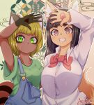  2girls :3 absurdres ahoge animal_ear_fluff animal_ears arm_behind_back arm_up armpits artist_name bangs black_hair blonde_hair blunt_bangs blush bob_cut bow bowtie breasts brown_eyes collared_shirt commentary english_commentary eyebrows_visible_through_hair fangs fox_ears fox_girl fox_tail furry green_eyes green_shirt grin happy highres hime_cut large_breasts long_hair long_sleeves looking_at_viewer medium_breasts multiple_girls open_mouth original outline overalls pawpads paws pocket raccoon_ears raccoon_girl raccoon_tail red_neckwear ryuusui_arumo shiny shiny_hair shirt short_hair short_sleeves signature smile standing tail teeth upper_body white_outline white_shirt 
