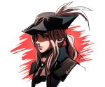  1girl ascot asrikins blonde_hair bloodborne close-up coat gem green_eyes hair_ribbon hat hat_feather hat_ornament lady_maria_of_the_astral_clocktower long_hair ponytail ribbon simple_background solo the_old_hunters tricorne 