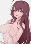  1girl absurdres ahoge bare_shoulders blush breasts cleavage collarbone eyebrows_visible_through_hair eyes_visible_through_hair fang grey_background highres large_breasts long_hair open_mouth original pink_eyes purple_hair rabbit_(wlsdnjs950) simple_background smile solo sweat tongue 