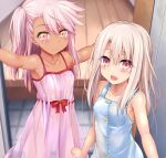  2girls bangs bare_shoulders blue_dress blush breasts chloe_von_einzbern collarbone dark_skin dark-skinned_female dress eyelashes fate/kaleid_liner_prisma_illya fate_(series) illyasviel_von_einzbern long_hair looking_at_viewer multiple_girls one_side_up open_mouth orange_eyes pink_dress pink_hair red_eyes see-through sen_(astronomy) small_breasts smile stomach_tattoo tattoo white_hair 