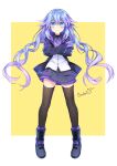  1girl alternate_costume armband artist_name binato_lulu black_legwear blue_eyes braid breasts crossed_arms eyebrows_visible_through_hair full_body hair_between_eyes large_breasts long_hair long_sleeves looking_at_viewer miniskirt neptune_(series) next_purple power_symbol purple_hair sidelocks skirt smile solo symbol-shaped_pupils thigh-highs twin_braids 