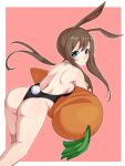  1girl ajidot amiya_(arknights) animal_ears arknights ass back backboob bare_shoulders black_leotard blue_eyes breasts brown_hair bunny_tail carrot commentary_request detached_collar facing_away fake_tail hair_between_eyes highres korean_commentary leotard long_hair looking_at_viewer playboy_bunny rabbit_ears rabbit_girl solo tail 