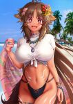  1girl animal_ears antenna_hair b-pang beach blush breasts brown_eyes brown_hair dark_skin day eyebrows_visible_through_hair facial_mark flower hair_flower hair_ornament highres jewelry kaori_(princess_connect!) large_breasts long_hair looking_at_viewer navel necklace open_mouth outdoors princess_connect! princess_connect!_re:dive smile solo tail tan very_long_hair 