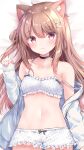  1girl animal_ear_fluff animal_ears bangs bed_sheet black_choker blush bow bow_bra bra brown_eyes brown_hair cat_ears choker closed_mouth collarbone cowboy_shot dakimakura_(medium) eyebrows_visible_through_hair frilled_bra frilled_shorts frills hair_between_eyes hair_bow hand_up highres jacket long_hair long_sleeves looking_at_viewer lying masayo_(gin_no_ame) navel off_shoulder on_back open_clothes open_jacket original pinching_sleeves polka_dot polka_dot_bra polka_dot_shorts short_shorts shorts sleeves_past_wrists smile solo strap_slip underwear very_long_hair white_bow white_bra white_jacket white_shorts 