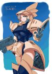  1girl boots breasts dated gelgoog green_eyes gundam hair_over_one_eye highres large_breasts looking_at_viewer looking_down mecha_musume michi_kuso mobile_suit_gundam one_eye_covered personification short_hair solo symbol_commentary thigh-highs thigh_boots v zeon 