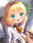  1girl aqua_eyes bangs black_ribbon black_shirt blonde_hair blunt_bangs blush chopsticks collared_shirt commentary couch eyebrows_visible_through_hair fed_by_viewer feeding fried_chicken gochuumon_wa_usagi_desu_ka? hair_ribbon highres holding holding_chopsticks kirima_sharo mozukun43 open_mouth plaid plaid_skirt plant ribbon school_uniform shirt short_hair sitting skirt solo tedeza_rize&#039;s_school_uniform twitter_username upper_teeth wavy_hair 