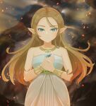  1girl aqua_eyes bangs bare_arms bare_shoulders blonde_hair blue_eyes blurry blurry_background bracelet breasts closed_mouth collarbone commentary_request dress expressionless floating_hair green_eyes highres holding jewelry long_hair looking_at_viewer necklace outdoors own_hands_together pointy_ears princess_zelda seri_(yuukasakura) sleeveless sleeveless_dress small_breasts smile solo strapless strapless_dress the_legend_of_zelda the_legend_of_zelda:_breath_of_the_wild upper_body white_dress 