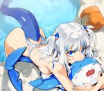  1girl ass bangs bikini biting bloop_(gawr_gura) blue_eyes blue_hair breasts commentary english_commentary fish_tail gawr_gura hair_ornament hololive hololive_english looking_at_viewer medium_hair multicolored_hair optionaltypo partially_submerged shark_girl shark_tail sharp_teeth sideboob silver_hair small_breasts solo_focus streaked_hair swimsuit tail tail_through_clothes teeth two_side_up untied untied_bikini virtual_youtuber white_bikini 