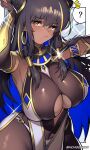  1girl black_hair blonde_hair bodysuit bodysuit_under_clothes breasts center_opening cowboy_shot dark_skin egypt egyptian elbow_gloves gloves highres large_breasts looking_at_viewer multicolored_hair nichigeckoh original solo streaked_hair tan two-tone_hair under_boob yellow_eyes 