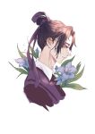  1boy absurdres black_hair crying crying_with_eyes_open flower highres jiang_cheng jingruth male_focus mo_dao_zu_shi profile purple_ribbon ribbon simple_background solo tears white_background 