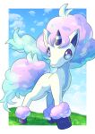  absurdres artist_name blue_eyes border clouds commentary_request galarian_form galarian_ponyta gen_8_pokemon grass highres looking_to_the_side no_humans outside_border pokemer pokemon pokemon_(creature) signature sky solo standing star_(symbol) watermark white_border 