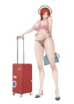  1girl absurdres artist_name bag bare_arms black_panties breasts brown_eyes crop_top full_body fushe handbag hat high_heels highres impossible_clothes impossible_shirt large_breasts long_hair looking_at_viewer luggage navel original panties pink_shirt redhead ribbon rolling_suitcase shirt simple_background sleeveless sleeveless_shirt smile solo standing stomach strappy_heels tattoo underwear white_background white_headwear 