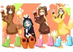  4girls absurdres animal_costume animal_ears bear_costume bear_ears cat_costume cat_ears cat_tail cosplay dog_costume dog_ears dog_tail fox_costume fox_tail gaen_izuko hachikuji_mayoi highres izu_lemon kigurumi monogatari_(series) multicolored multicolored_background multiple_girls ononoki_yotsugi oshino_shinobu pose tail 