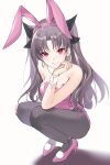  1girl animal_ears black_bow black_legwear bow breasts brown_hair closed_mouth earrings eyebrows_visible_through_hair fake_animal_ears fate/grand_order fate_(series) full_body hair_between_eyes hair_bow hair_intakes hairband high_heels highres ishtar_(fate)_(all) ishtar_(fate/grand_order) jewelry kernel_killer leotard long_hair looking_at_viewer medium_breasts pantyhose pink_footwear pink_hairband pink_leotard playboy_bunny pumps rabbit_ears red_eyes shiny shiny_hair simple_background smile solo squatting strapless strapless_leotard twintails very_long_hair white_background wrist_cuffs 